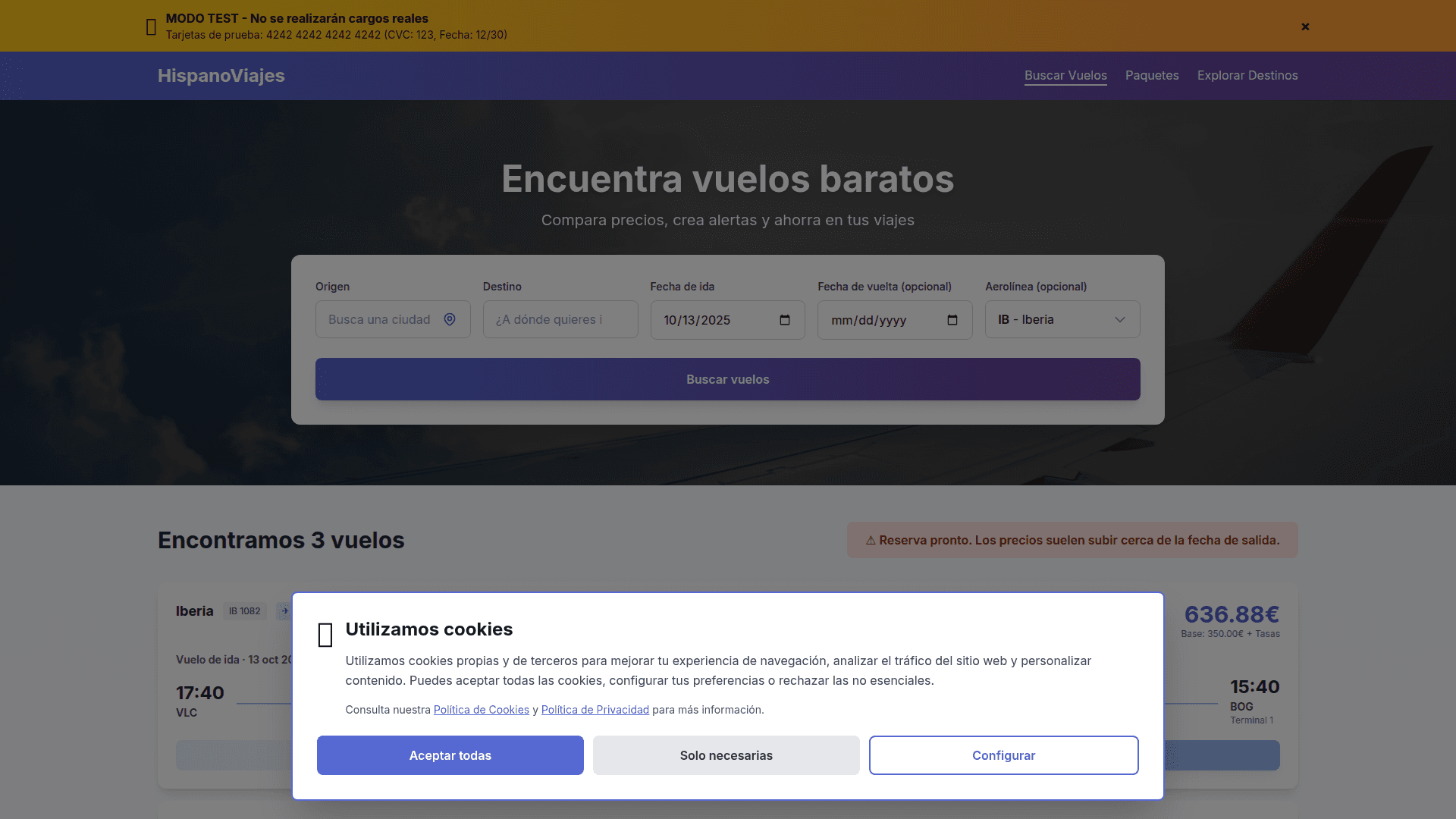 Captura de pantalla del sitio web HispanoViajes